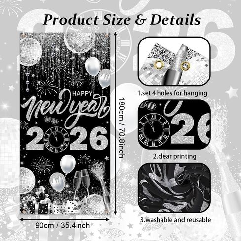 2026 Happy New Year Door Cover Banner Black and Sliver Photography Background New Years Eve Party Decoration Backdrop Holiday Party Hanging Poster Background Banner 35.4x70.8inch in Saudi Arabia