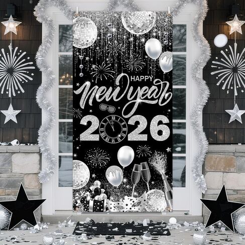 2026 Happy New Year Door Cover Banner Black and Sliver Photography Background New Years Eve Party Decoration Backdrop Holiday Party Hanging Poster Background Banner 35.4x70.8inch in Saudi Arabia