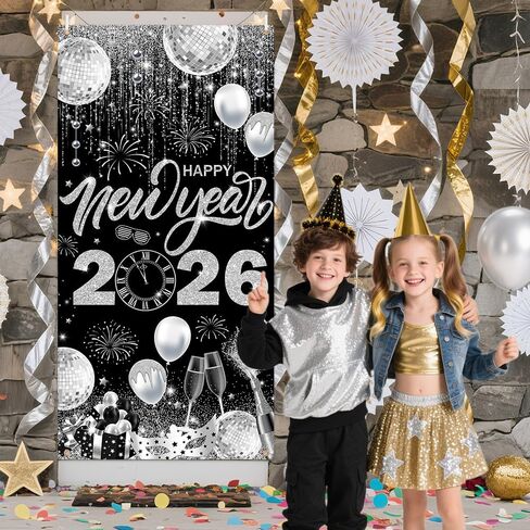 2026 Happy New Year Door Cover Banner Black and Sliver Photography Background New Years Eve Party Decoration Backdrop Holiday Party Hanging Poster Background Banner 35.4x70.8inch in Saudi Arabia
