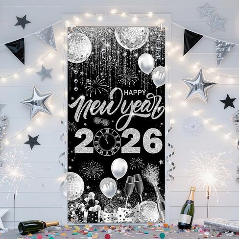 2026 Happy New Year Door Cover Banner Black and Sliver Photography Background New Years Eve Party Decoration Backdrop Holiday Party Hanging Poster Background Banner 35.4x70.8inch in Saudi Arabia