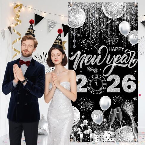 2026 Happy New Year Door Cover Banner Black and Sliver Photography Background New Years Eve Party Decoration Backdrop Holiday Party Hanging Poster Background Banner 35.4x70.8inch in Saudi Arabia