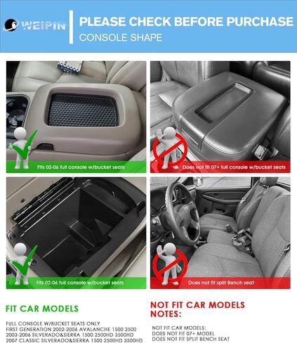 for Center Console Armrest Organizer Tray Compatible with 2003-2007 Classic Silverado/Sierra 1500/2500HD/3500HD & 2002-2006 Avalanche – Full Console w/Bucket Seats Only in Saudi Arabia