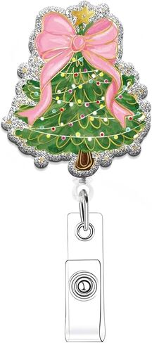 Christmas Badge Reel Retractable Colored Lights Christmas Tree Nurse Badge Reel Pink Bow Badge Holder Retractable Clip for Name Tag Decor Xmas Acrylic Alligator Clip for Nursing Teacher Office in Saudi Arabia