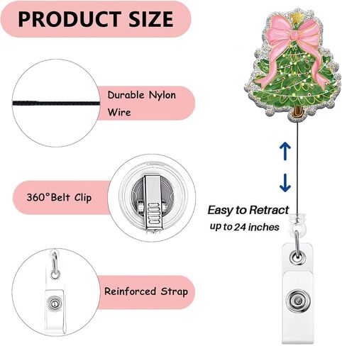 Christmas Badge Reel Retractable Colored Lights Christmas Tree Nurse Badge Reel Pink Bow Badge Holder Retractable Clip for Name Tag Decor Xmas Acrylic Alligator Clip for Nursing Teacher Office in Saudi Arabia