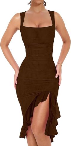 BORIFLORS Women's Sexy Ruched Bodycon Midi Dresses Square Neck Sleeveless Ruffle Hem Club Party Tank Dress in Saudi Arabia