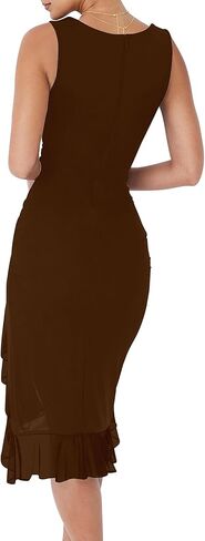 BORIFLORS Women's Sexy Ruched Bodycon Midi Dresses Square Neck Sleeveless Ruffle Hem Club Party Tank Dress in Saudi Arabia