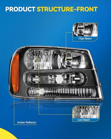 PHILTOP Headlights Assembly Compatible with 2002-2006 Chevy Trailblazer EXT, 2002-2009 Chevy Trailblazer,Black Housing Clear Lens Amber Reflector,Halogen Headlamps (Driver + Passenger Side) in Saudi Arabia