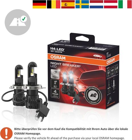 أوسرام نايت بريكر H4 LED؛ سطوع أكثر بنسبة تصل إلى 230 بالمائة، وشعاع قانوني منخفض وعالي مع قانوني للطرق في ألمانيا والنمسا، باللون الأسود in Saudi Arabia