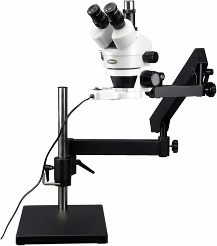 AmScope SM-7TX-FRL Professional Trinocular Stereo Zoom Microscope, WH10x Eyepieces, 3.5X-45X Magnification, 0.7X-4.5X Zoom Objective, 8W Fluorescent Ring Light, Articulating-Arm Boom Stand, 110V-120V, Includes 0.5x Barlow Lens in Saudi Arabia