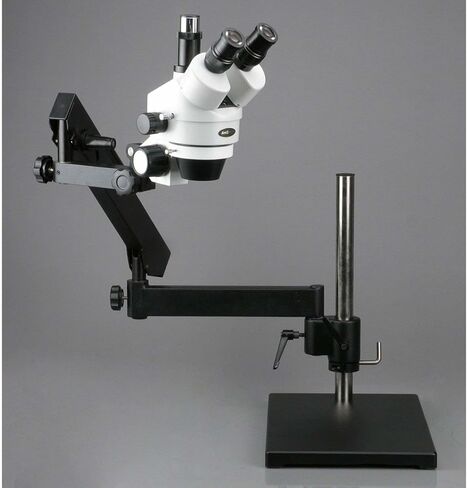 AmScope SM-7TX-FRL Professional Trinocular Stereo Zoom Microscope, WH10x Eyepieces, 3.5X-45X Magnification, 0.7X-4.5X Zoom Objective, 8W Fluorescent Ring Light, Articulating-Arm Boom Stand, 110V-120V, Includes 0.5x Barlow Lens in Saudi Arabia