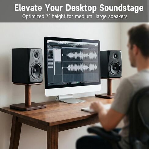 OKOstand Desktop Speaker Stands Made of Pure Solid Wood, Natural Style, 360° Rotatable Top Plate, Suitable for Medium/Large Tabletop Speakers and Studio Monitors (DSS7) in Saudi Arabia