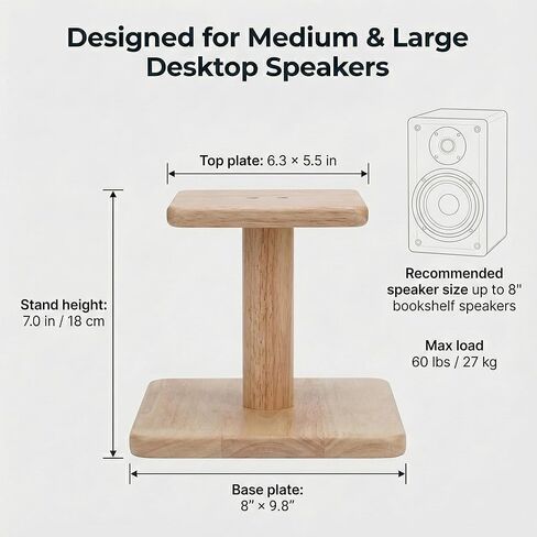 OKOstand Desktop Speaker Stands Made of Pure Solid Wood, Natural Style, 360° Rotatable Top Plate, Suitable for Medium/Large Tabletop Speakers and Studio Monitors (DSS7) in Saudi Arabia