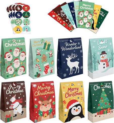 أكياس هدايا عيد الميلاد من بلواكوا 32 عبوة - أكياس هدايا صغيرة مع ملصقات للحلوى، هدايا الحفلات، أكياس الهدايا الجيدة (8 تصميمات، 8.6 × 5.1 × 3.1 بوصة) in Kuwait