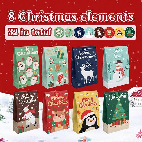 أكياس هدايا عيد الميلاد من بلواكوا 32 عبوة - أكياس هدايا صغيرة مع ملصقات للحلوى، هدايا الحفلات، أكياس الهدايا الجيدة (8 تصميمات، 8.6 × 5.1 × 3.1 بوصة) in Kuwait