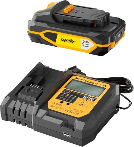 مجموعة شاحن Mellif مع بطارية M20، وبطارية ليثيوم أيون 20 فولت 4.0 أمبير في الساعة وشاحن مدمج للشحن السريع (مدخل 110 ~ 240 فولت)، متوافق مع أدوات وبطاريات Mellif 20 فولت | شاحن USB 5 فولت 2 أمبير (أصفر وأسود) in Kuwait