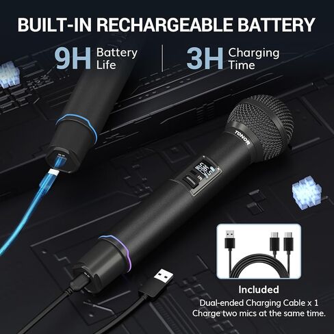 TONOR Rechargeable Wireless Microphones, Metal Bluetooth Handheld Cordless Mic System with Receiver, 2x25 UHF Professional Dynamic Mic for Karaoke, Church, Singing, Wedding, Meeting, DJ, 328ft TW720 in Saudi Arabia