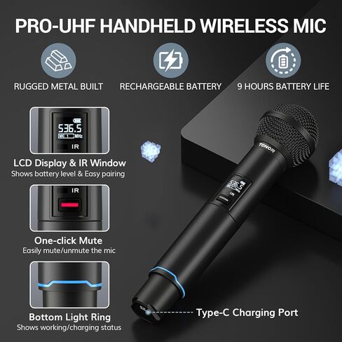 TONOR Rechargeable Wireless Microphones, Metal Bluetooth Handheld Cordless Mic System with Receiver, 2x25 UHF Professional Dynamic Mic for Karaoke, Church, Singing, Wedding, Meeting, DJ, 328ft TW720 in Saudi Arabia