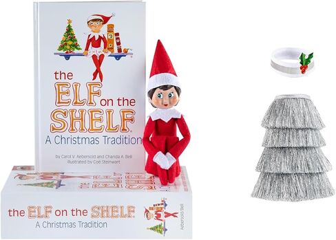 Elf on The Shelf فتاة الكشافة ذات العيون الزرقاء مع كتاب تقاليد عيد الميلاد مقترنًا بفستان صغير بهرج من Claus Couture® الجديد in Saudi Arabia