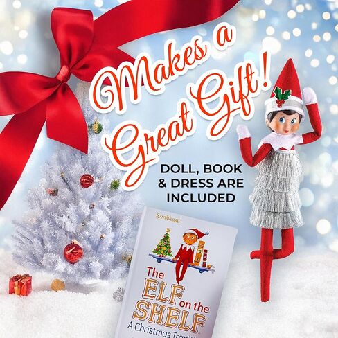 Elf on The Shelf فتاة الكشافة ذات العيون الزرقاء مع كتاب تقاليد عيد الميلاد مقترنًا بفستان صغير بهرج من Claus Couture® الجديد in Saudi Arabia