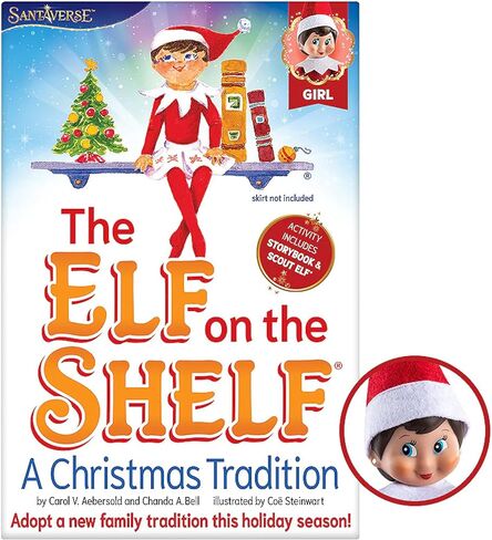 Elf on The Shelf فتاة الكشافة ذات العيون الزرقاء مع كتاب تقاليد عيد الميلاد مقترنًا بفستان صغير بهرج من Claus Couture® الجديد in Saudi Arabia