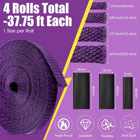 غلاف كيبل مضفر قابل للتوسيع بطول 66.8 قدم متعدد المقاسات مع 120 قطعة من انابيب الانكماش الحراري للتلفزيون والصوت وكابلات الكمبيوتر والفيديو والحيوانات الاليفة، 1/4 انش، 2/5 انش، 1/2 انش، 3/4 انش in Kuwait