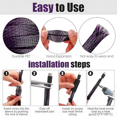 غلاف كيبل مضفر قابل للتوسيع بطول 66.8 قدم متعدد المقاسات مع 120 قطعة من انابيب الانكماش الحراري للتلفزيون والصوت وكابلات الكمبيوتر والفيديو والحيوانات الاليفة، 1/4 انش، 2/5 انش، 1/2 انش، 3/4 انش in Kuwait