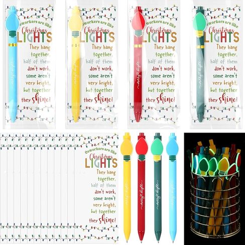 24 Sets Glowing in The Dark Christmas Pen Coworker Appreciation Gift Bulk Luminous Light Bulb Christmas Office Gift Novelty Black Ink Pen with Themed Card Tie Bag for Teacher Staff Nurse in Saudi Arabia