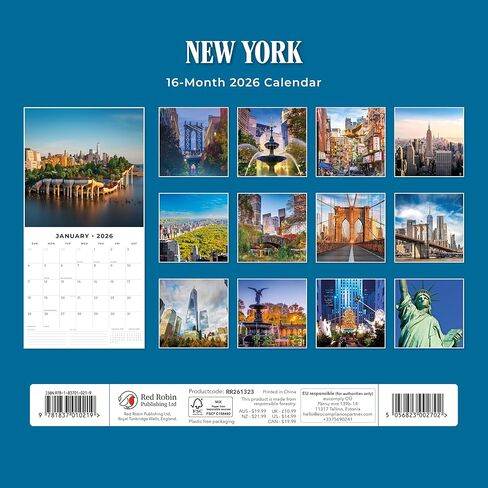 Red Robin 2026 New York Monthly Wall Calendar | 12" x 24" Open | Premium Thick & Sturdy Paper | Hangable 12 Month Calendar | Lined Notes & To Do Area | Vivid Images | Plastic Free in Kuwait