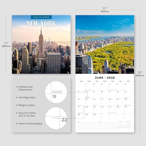 Red Robin 2026 New York Monthly Wall Calendar | 12" x 24" Open | Premium Thick & Sturdy Paper | Hangable 12 Month Calendar | Lined Notes & To Do Area | Vivid Images | Plastic Free in Kuwait