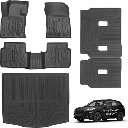 سجادات أرضية السيارة وبطانة البضائع مخصصة لسيارة Ford Escape 2020-2026 غاز فقط (غير مناسب هجين) TPE حماية من جميع الأحوال الجوية وبطانة أرضية مقاومة للماء مجموعة كاملة من سجادة صندوق السيارة مع مسند الظهر وملحقات حماية السيارات in Kuwait