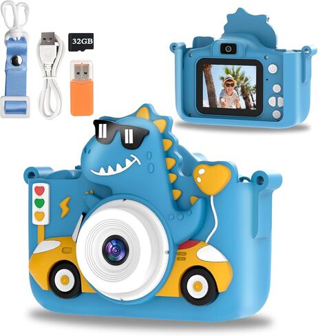 Kids Digital Camera, 1080P HD Video Camera for Toddlers with 32GB SD Card, Dinosaur Protective Case, Card Reader, Fun Selfie Toy Camera for Ages 3-12, Christmas/Birthday Gift for Boys & Girls (Blue1) in Saudi Arabia
