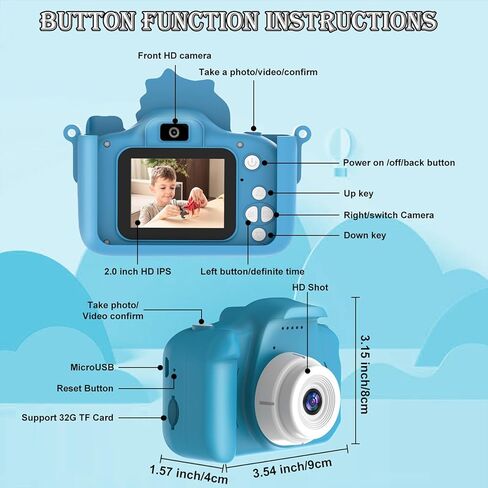 Kids Digital Camera, 1080P HD Video Camera for Toddlers with 32GB SD Card, Dinosaur Protective Case, Card Reader, Fun Selfie Toy Camera for Ages 3-12, Christmas/Birthday Gift for Boys & Girls (Blue1) in Saudi Arabia