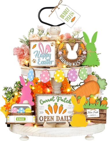 15 Pcs Easter Tiered Tray Decoration Set Wooden Easter Bunny Sign Farmhouse Decoration Tiered Tray Decorative Plaques Suitable for Easter Table Holidays Office Kitchen (Easter Bunny) in Kuwait