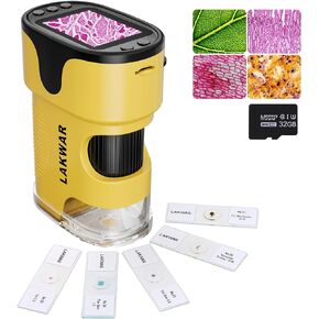 مجهر رقمي محمول من LAKWAR للأطفال والكبار، مجهر محمول بجيب 200 ~ 1000X مع مجموعة شرائح، حقيبة حمل وبطاقة SD صغيرة 32 جيجا، التقاط الصور والفيديو مع شاشة HD 2 بوصة (أصفر) in Kuwait