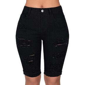 roswear Women's Ripped Bermuda Shorts Casual Summer Stretchy Mid Thigh Jean Shorts