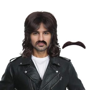 Miss U Hair Men Brown Curly Wig Medium Length Center Part Wig with Bangs Party Cosplay Wig 1970s Rocker Wig