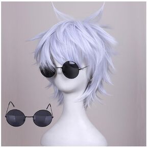 ColorGround Purple Mixed White Anime Costume Wig with Black Glasses for Men Short White Wig for Hallowen Costume Party