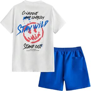 Floerns Men's 2 Piece Tracksuit Slogan Print Tee Shirt Drawstring Waist Shorts Set