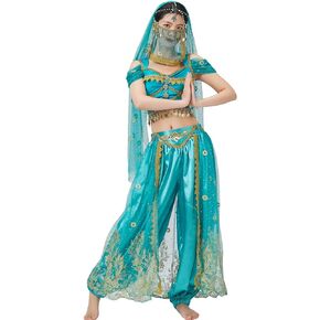 COWINTIC Belly Dance Princess Costume - Aladdin Jasmine Cosplay Outfits Halloween Party Teal Costumes for Women