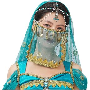 COWINTIC Belly Dance Princess Costume - Aladdin Jasmine Cosplay Outfits Halloween Party Teal Costumes for Women