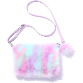 Suerico Girls Fluffy Crossbody Purse Plush Rainbow Shoulder Bag Kids Crossbody Bag Handbag