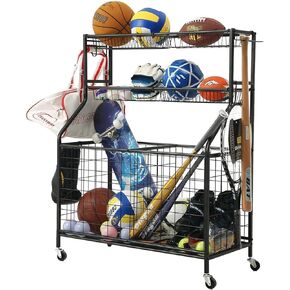 Tutengelctri Garage Sports Equipment Organizer, Ball Storage Rack, Sports Gear Basketball Storage with Baskets and Hooks, Outdoor Heavy Duty Storage Rolling Cart Football Rugby Organizer
