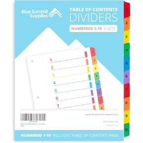 Blue Summit Supplies 10 Tab Binder Dividers for 3 Ring Binder or Notebook, Subject Dividers with Multicolor Numbered Tabs, Includes Customizable Table of Contents Index, 6 Sets