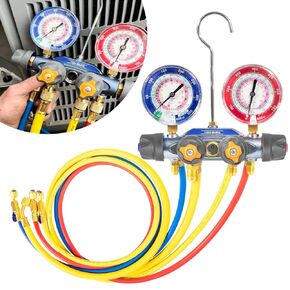 49968 Charging Manifold 4-Valve Test Set with 60" Ball Valve Hoses, psi °F Scale, Compatible with R-22, R-404a, R-410a Refrigerant, Red/Blue Gauges