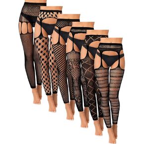 Bencailor 6 Pairs Women Fishnet Footless Tights High Waist Suspender Pantyhose Garter Belt Thigh High Stockings for Halloween (Classic)