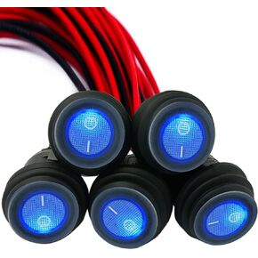 Qidoe 5pcs Waterproof Round Rocker Switch, DC 12V 24V ON/Off Toggle Switch with Blue LED Indicator, SPST 3 Pins with Pre-soldered Wires 0.8"/20mm Hole for Car RV Truck Boat Motorcycle KAN-B2-25P
