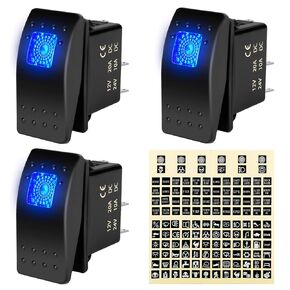 AutoEC 3PCS Rocker Switch 12V 24V ON/Off Toggle Blue Light Switch 3 Pin SPST for Car Automotive Truck Boat Marine UTV with Night Glow DIY Sticker Labels