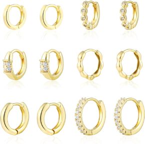 Wgoud Small Gold Hoop Earrings Set for Women, 6 Pairs 14K Gold Plated Hypoallergenic Lightweight Huggie Hoops Earrings, Gold Cartilage Cubic Zirconia Earrings for Women Gifts.