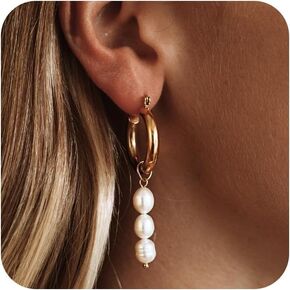 CHESKY Pearl Hoop Earrings for Women, Trendy 14k Gold Plated Hoop Earrings Chunky Pearl Drop Earrings for Women Hypoallergenic Gold Pearl Dangle Huggie Earring Statement Pearl Jewelry Gifts for Her