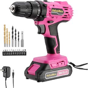ValueMax Pink Cordless Drill Set, 20V Lithium-ion Power Drill Set with LED Light and Magnetic Holder, 3/8-Inch Keyless Chuck, 18+1 Torque Settings, Electric Cordless Drill Set with Battery and Charger